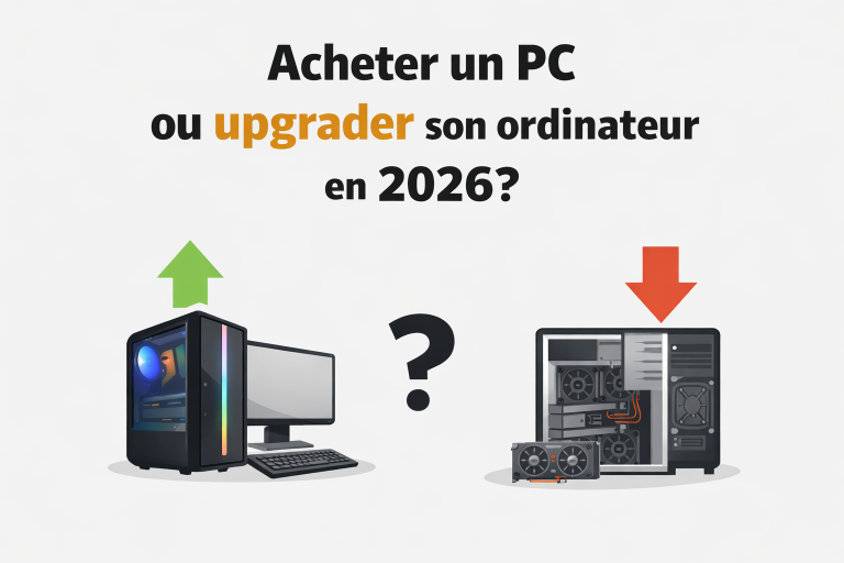 Visuel minimaliste montrant le choix entre acheter un PC neuf ou upgrader son ordinateur en 2026, avec icônes de PC moderne et composants internes.